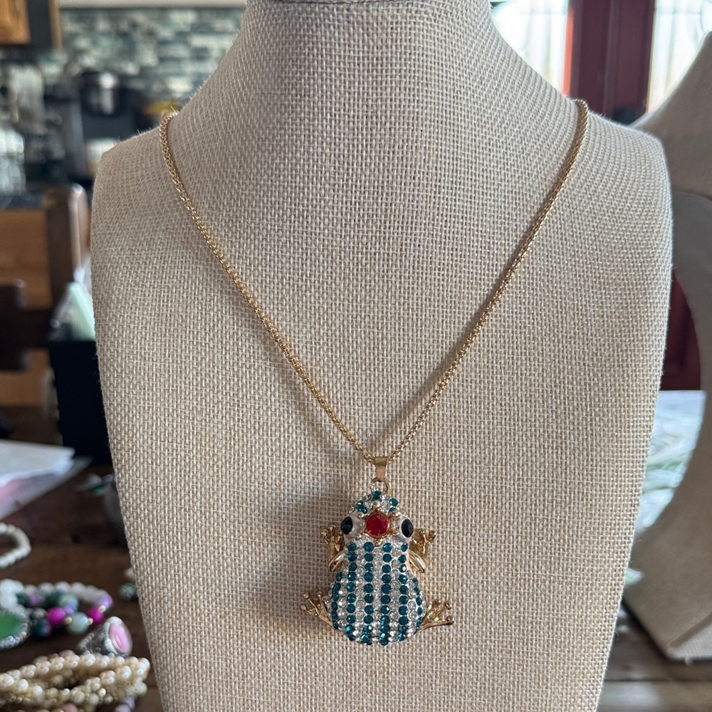 Betsey Johnson Gold Necklace with Blue, White with Red 👑 Frog Pendant